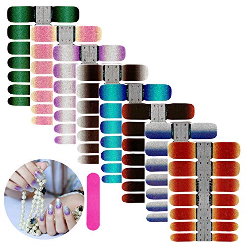 VETPW 8 Sheets Gradient Nail Stickers with Nail File, Self Adhesive Full Wraps Nail Polish Stickers Glitter Nail Art Decals Strips Manicure Kits, DIY Nail Art Design Decoration Accessories