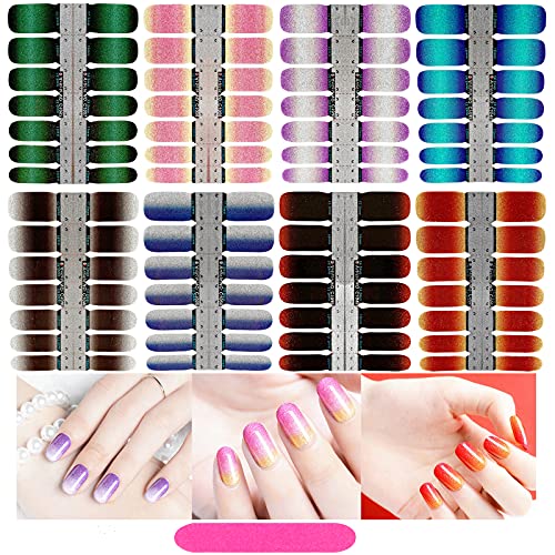 VETPW 8 Sheets Gradient Nail Stickers with Nail File, Self Adhesive Full Wraps Nail Polish Stickers Glitter Nail Art Decals Strips Manicure Kits, DIY Nail Art Design Decoration Accessories