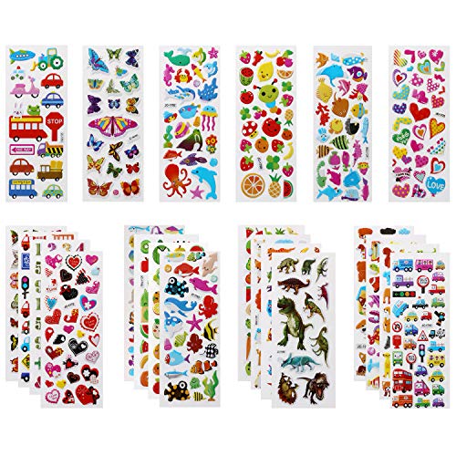 Vicloon Pegatinas para Niños 520+ 3D Puffy Pegatinas, 22 Hojas Variedad de Pegatinas para Regalos Gratificantes Scrapbooking Que Incluye Animales, Peces, Dinosaurios, Números, Frutas, Aviones y Más