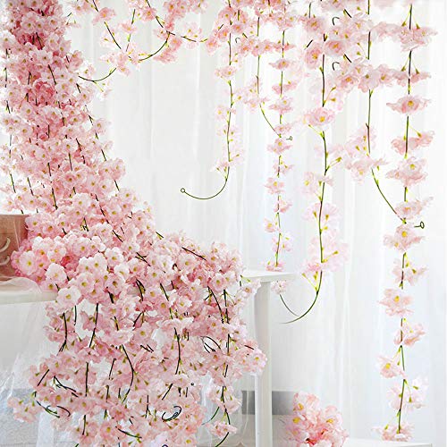 VINFUTUR 1.8m×5pcs Guirnalda de Flores Artificiales Cerezo, Guirnalda Flores Falsas Enredadera Colgante de Sakura Artificial Vid de Seda Plantas para Decoración Boda Jardín Balcón Exterior Interior