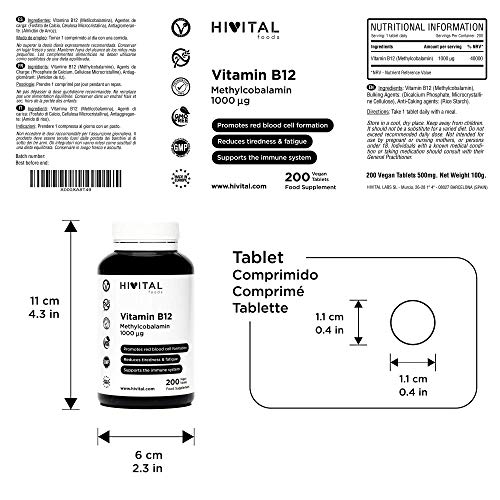 Vitamina B12 Metilcobalamina 1000 mcg | 200 comprimidos VEGANOS para más de 6 meses. Contribuye a la formación de glóbulos rojos, reduce el cansancio y la fatiga, y mejora el sistema inmunológico