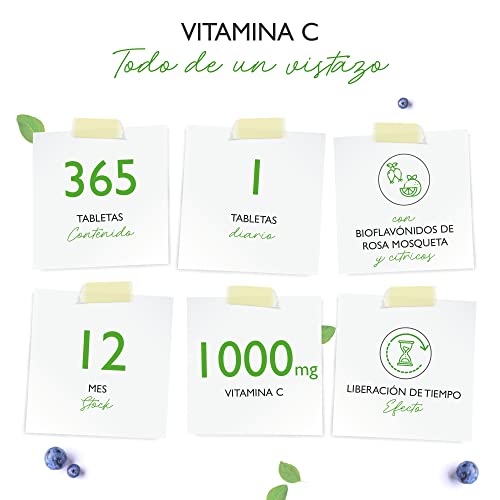 Vitamina C 1000mg - 365 tabletas en un año - Efecto retardado - Probado en laboratorio - Vitamina C + extracto de rosa mosqueta + bioflavonoides cítricos - Vegano - Altamente dosificado