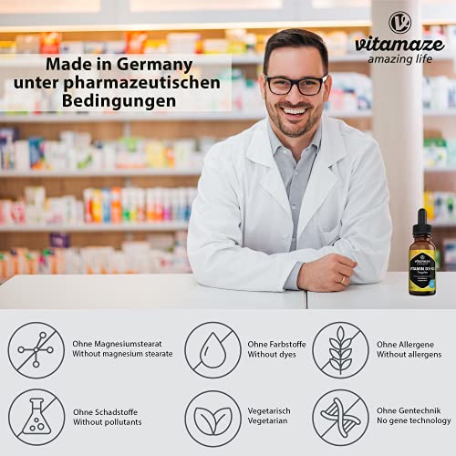 Vitamina D3 + K2 Gotas de alta Dosis, Vegetariana y Líquida (más del 99,7% All-Trans MK-7), 50 ml (1700 Gotas), Suplementos sin Aditivos Innecesarios, Alta Biodisponibilidad