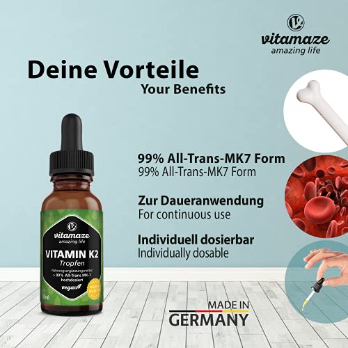 Vitamina K2 Gotas 200 mcg de Alta Dosis, Vitamina K2 Vegano y Líquido por Dosis Diaria, Menaquinona MK-7 (> 99% en Forma Trans), 50ml (1700 Gotas), Alta Biodisponibilidad, sin Aditivos Innecesarios