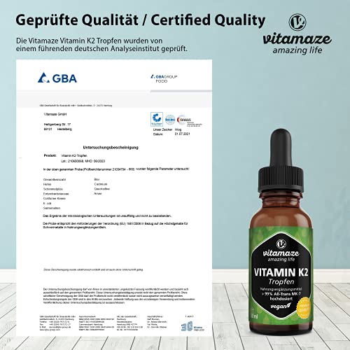 Vitamina K2 Gotas 200 mcg de Alta Dosis, Vitamina K2 Vegano y Líquido por Dosis Diaria, Menaquinona MK-7 (> 99% en Forma Trans), 50ml (1700 Gotas), Alta Biodisponibilidad, sin Aditivos Innecesarios