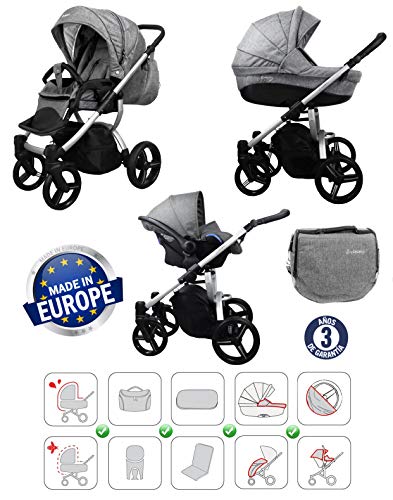 Vizaro PEARL 2022 Trío 3 en 1 - Carrito Bebé GAMA ALTA - MARCA ESPAÑOLA - Muy elegante - Garantía 3 Años - Textil GRIS DENIM Chasis PLATEADO