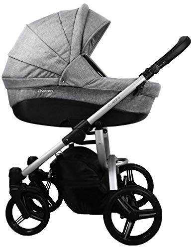 Vizaro PEARL 2022 Trío 3 en 1 - Carrito Bebé GAMA ALTA - MARCA ESPAÑOLA - Muy elegante - Garantía 3 Años - Textil GRIS DENIM Chasis PLATEADO