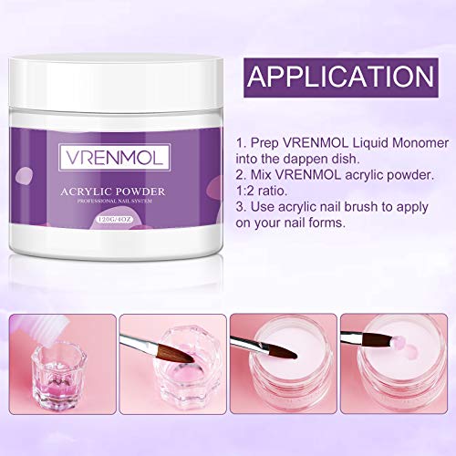 Vrenmol 120g Polvo acrílico transparente - Polvo acrílico profesional para uñas Sistema de decoración de uñas de gran capacidad para extensión de uñas acrílicas No necesita lámpara de uñas