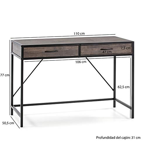 VS Venta-stock Mesa de Escritorio Tulum Negro, Mesa de Ordenador, 2 cajones, Estilo Industrial, 110 (Largo) x 50 (Profundo) x 76 (Altura) cm