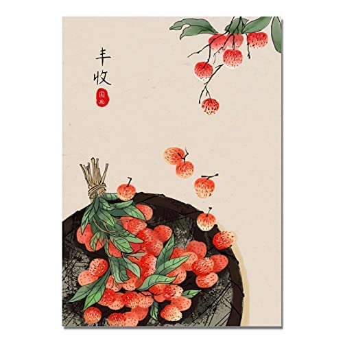 VVBGL Póster de sandía Impresiones de Lichi Lienzo de Caqui Pintura de Acuarela Fruta Cuadros artísticas de Pared para Cocina Comedor Decoracion del hogar 40x60cmx3 sin Marco