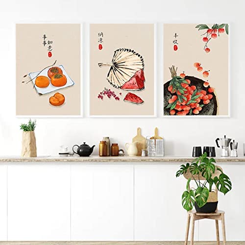 VVBGL Póster de sandía Impresiones de Lichi Lienzo de Caqui Pintura de Acuarela Fruta Cuadros artísticas de Pared para Cocina Comedor Decoracion del hogar 40x60cmx3 sin Marco