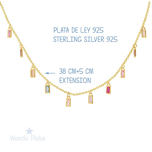 WANDA PLATA Collar Gargantilla Plata de Ley Chapado Oro para Mujer, Chica Joven, Cadena Ajustable 38+ 5 cm con Colgantes Circonitas, Regalo Original, Cumpleaños, Navidad en Caja de Regalo