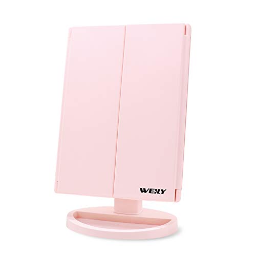 WEILY Espejo de Maquillaje Iluminado con Lupa 2X/3X, 21 Luces LED, Doble Fuente de alimentación, Brillo y ángulo Ajustables (Rosa)