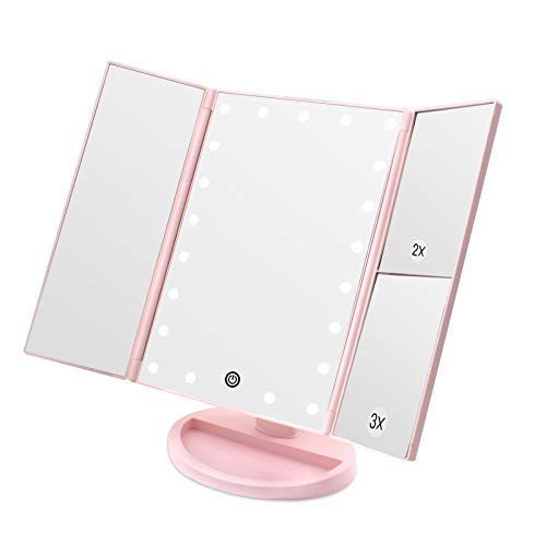 WEILY Espejo de Maquillaje Iluminado con Lupa 2X/3X, 21 Luces LED, Doble Fuente de alimentación, Brillo y ángulo Ajustables (Rosa)