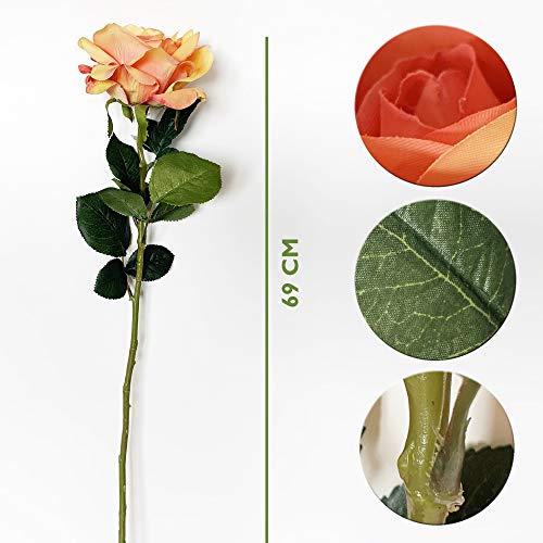 WELLHOME Ramo de Rosa con Tacto Natural Flor de Ø11 cm en Color Blanco, Naranja 69 Cm, Unitario