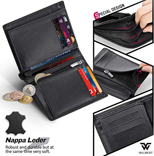 wilbest® Carteras para Hombre, Cartera Hombre con RFID Bloqueo, Cuero de Napa Billeteras Hombre Piel con 17 Compartimentos para Billeteras/ID/Tarjetas/Monedas, Muestra de Cuero & Manual (Negro)