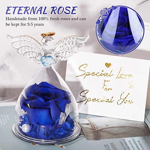 Winthai Figura de ángel con rosa eterna, ángel en cristal con cúpula de cristal, figura de ángel azul, rosa, decoración para regalo para mujeres, novia, madre, cumpleaños, boda