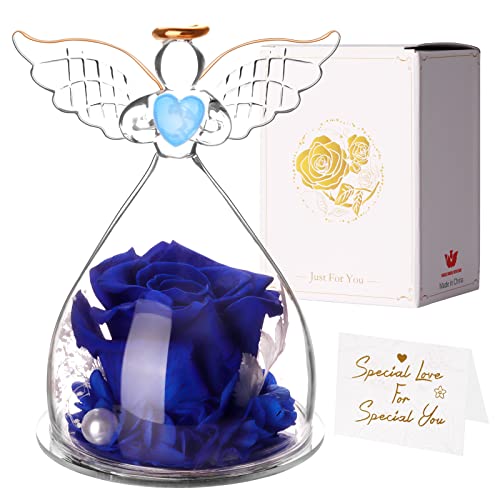 Winthai Figura de ángel con rosa eterna, ángel en cristal con cúpula de cristal, figura de ángel azul, rosa, decoración para regalo para mujeres, novia, madre, cumpleaños, boda