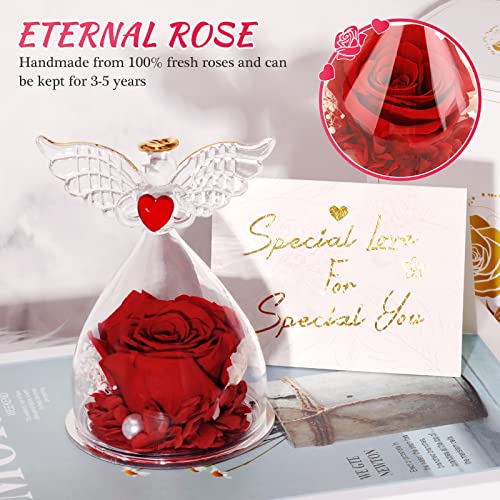 Winthai Figura de ángel rosa eterna regalo para mujeres, ángel de flores eternas en cristal cúpula de cristal, rosa roja eterna, hecha a mano, mujer, novia, madre, cumpleaños, boda