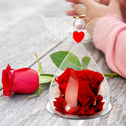 Winthai Figura de ángel rosa eterna regalo para mujeres, ángel de flores eternas en cristal cúpula de cristal, rosa roja eterna, hecha a mano, mujer, novia, madre, cumpleaños, boda