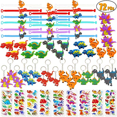 Wuree 72 PCs Dinosaur Party Favors Dinosaur Pulseras Anillos Llaveros Pegatinas Juguetes Premios Regalo Carnavales para niños Niños Fiesta de cumpleaños Artículos a Favor Goodie Bag Fillers