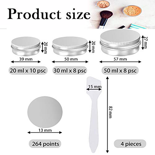 XAVSWRDE 26 uds Envases para Cosmética Botes de Aluminio 20ml 30ml 50ml Tarros de Aluminio Vacío con Tapa Latas Redondas Contenedoros de Cremas con 2 Hojas de Pegatinas y 4 Espátulas de Maquillaje