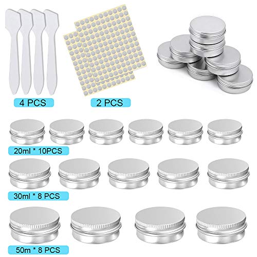 XAVSWRDE 26 uds Envases para Cosmética Botes de Aluminio 20ml 30ml 50ml Tarros de Aluminio Vacío con Tapa Latas Redondas Contenedoros de Cremas con 2 Hojas de Pegatinas y 4 Espátulas de Maquillaje