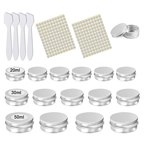 XAVSWRDE 26 uds Envases para Cosmética Botes de Aluminio 20ml 30ml 50ml Tarros de Aluminio Vacío con Tapa Latas Redondas Contenedoros de Cremas con 2 Hojas de Pegatinas y 4 Espátulas de Maquillaje