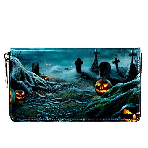 XCNGG Cartera de Cuero Noche de Halloween Scary Grave Pattern Carteras Tarjetero Clutch con Muchos Bolsillos para Mujeres Hombres Niñas Niños Cartera pequeña y compacta Bifold