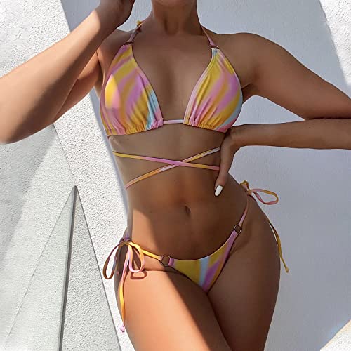 XIAWEN Trajes de baño divididos para Mujer Arco Iris Tie Dye Print Sexy Lace-up Backless Beach Bikini Vendaje Halter Traje de baño brasileño Bikini