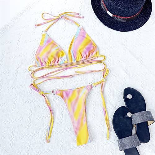 XIAWEN Trajes de baño divididos para Mujer Arco Iris Tie Dye Print Sexy Lace-up Backless Beach Bikini Vendaje Halter Traje de baño brasileño Bikini