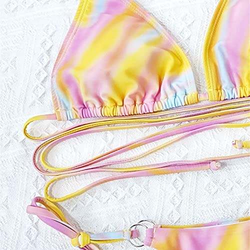 XIAWEN Trajes de baño divididos para Mujer Arco Iris Tie Dye Print Sexy Lace-up Backless Beach Bikini Vendaje Halter Traje de baño brasileño Bikini