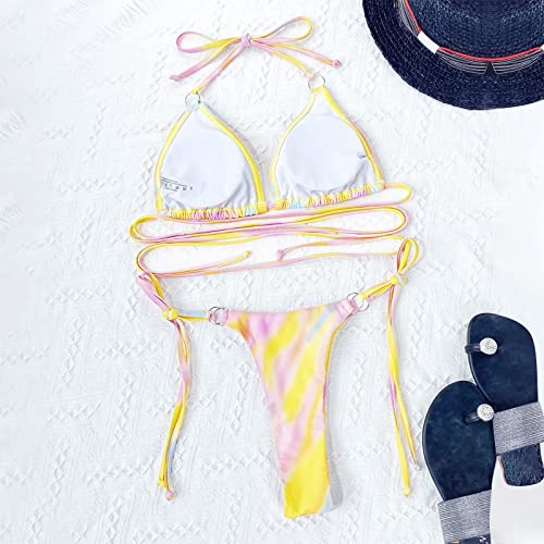 XIAWEN Trajes de baño divididos para Mujer Arco Iris Tie Dye Print Sexy Lace-up Backless Beach Bikini Vendaje Halter Traje de baño brasileño Bikini