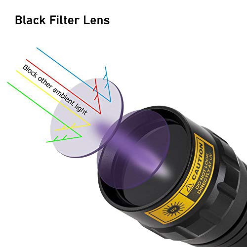 XLENTGEN Linterna Ultravioleta, 365nm Linterna UV de Luz Negra con Lente de Filtro - Detector UV Portátil para Detección de Orina/Hongos de Mascotas, Detección de Camping (Baterias Incluidas)