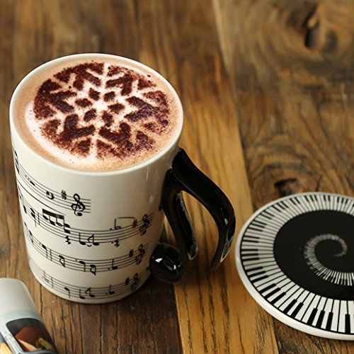 XLKJ Taza de Cerámica Creativa con Tapa, Notas de Música Taza de Café Regalo para Amigos Familia