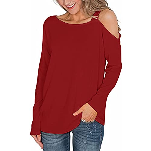 XUNN Blusa de manga larga de un solo color, cuello redondo, suelta, blusa con hombros descubiertos, camisa, suéter, parte superior de manga larga, camisetas, tallas S-XXL, rojo, L