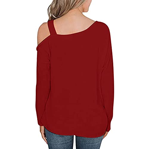 XUNN Blusa de manga larga de un solo color, cuello redondo, suelta, blusa con hombros descubiertos, camisa, suéter, parte superior de manga larga, camisetas, tallas S-XXL, rojo, L