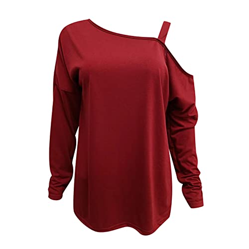 XUNN Blusa de manga larga de un solo color, cuello redondo, suelta, blusa con hombros descubiertos, camisa, suéter, parte superior de manga larga, camisetas, tallas S-XXL, rojo, L