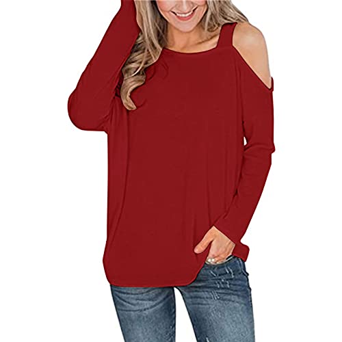 XUNN Blusa de manga larga de un solo color, cuello redondo, suelta, blusa con hombros descubiertos, camisa, suéter, parte superior de manga larga, camisetas, tallas S-XXL, rojo, L