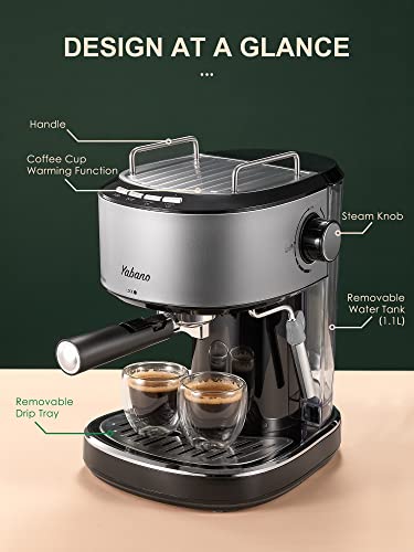 Yabano Cafetera Express para Espresso y Cappucino, 850W, 15 Bares, Vaporizador Orientable, capacidad 1.1l, Con Doble Salida