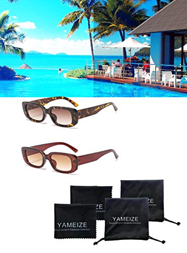 YAMEIZE Rectangle Sunglasses for Women Men 2 Pack 90’s Vintage Driving Square Small Glasses UV400 Protection (Leopard+Brown)