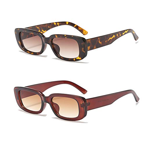 YAMEIZE Rectangle Sunglasses for Women Men 2 Pack 90’s Vintage Driving Square Small Glasses UV400 Protection (Leopard+Brown)