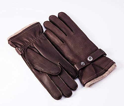 YISEVEN Guantes Hombre Invierno de Cuero de Gamuza de Real Piel de Ciervo de Lujo retro vintage con Cinturón Cálidos Forroda de Cachemira Largo Térmico Muñeca de Conducción Coche moto,marrón XL