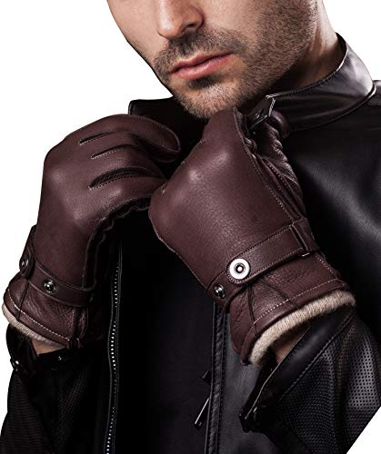 YISEVEN Guantes Hombre Invierno de Cuero de Gamuza de Real Piel de Ciervo de Lujo retro vintage con Cinturón Cálidos Forroda de Cachemira Largo Térmico Muñeca de Conducción Coche moto,marrón XL