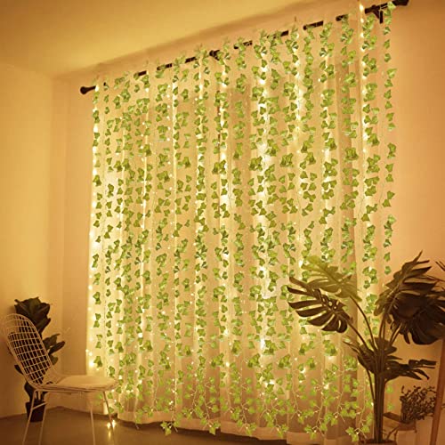 Yizhet Hiedra Artificial con Luces, 12 Piezas 2m Enredadera Artificial con 10M Guirnaldas Luces 100 LED Vid Guirnalda Falsas Hojas en Tiras para Ventana Patio Balcón Terraza Interior Exterior