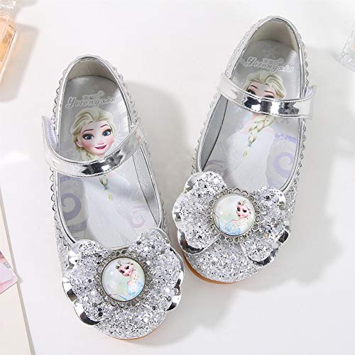 YOSICIL Zapatos de la Princesa Elsa niñas con Lentejuela Zapato de Disfraz Elsa Frozen de Princesa Disfraz Sandalias con Velcro Tacón Zapatos de Fiesta Halloween Cumpleaños Azul EU22-35,Plata，28