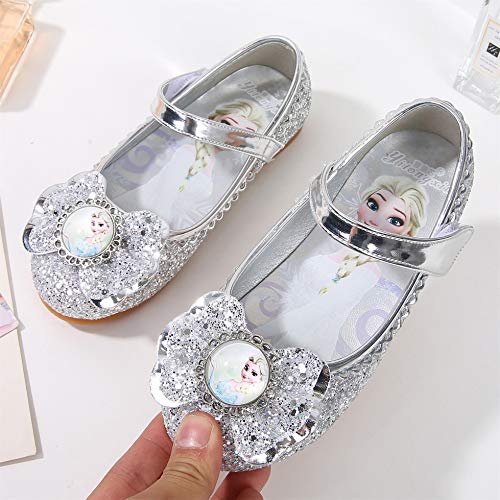 YOSICIL Zapatos de la Princesa Elsa niñas con Lentejuela Zapato de Disfraz Elsa Frozen de Princesa Disfraz Sandalias con Velcro Tacón Zapatos de Fiesta Halloween Cumpleaños Azul EU22-35,Plata，28