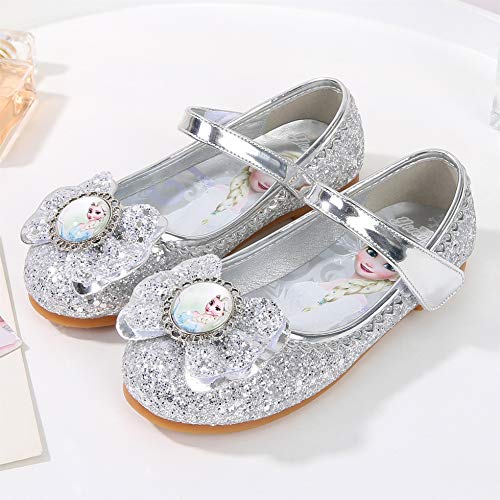 YOSICIL Zapatos de la Princesa Elsa niñas con Lentejuela Zapato de Disfraz Elsa Frozen de Princesa Disfraz Sandalias con Velcro Tacón Zapatos de Fiesta Halloween Cumpleaños Azul EU22-35,Plata，28