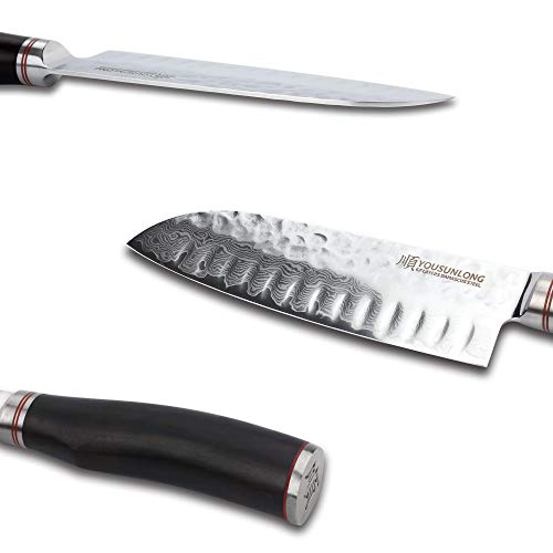 YOUSUNLONG SL-DK1097B - Cuchillo Profesional japonés Santoku de 7 Pulgadas. Hecho con Acero VG10 de 67 Capas de Alto Carbono Damasco y Mango ébano.