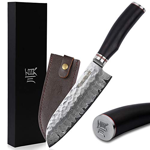 YOUSUNLONG SL-DK1097B - Cuchillo Profesional japonés Santoku de 7 Pulgadas. Hecho con Acero VG10 de 67 Capas de Alto Carbono Damasco y Mango ébano.